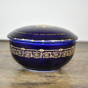 Vintage French Limoges Cobalt Blue 24K Gold Porcelain Gilded Jewelry Trinket Box Commemorating Monaco Monarchs 