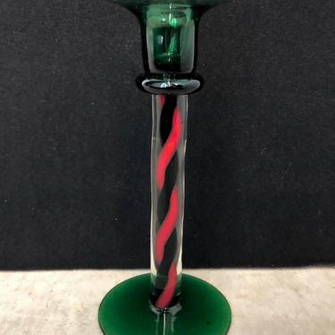 Reijmyre Green and Red Twist Column Candle Holder Swedish Art Glass Christmas Decor 