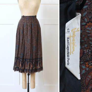 rare 1980s 'Impression by Karl Lagerfeld' • designer vintage fine wool pleated midi skirt • pockets • earth tones in blues & browns 