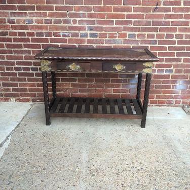 Asia-influenced narrow wood table with brass accents- great tv stand, entryway piece, sofa table