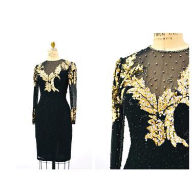 80s 90s Vintage Black and Gold Sequin Dress Small By Nite Line// 80s 90s Black Cocktail Pageant Beaded Sequin Sheer Long Sleeve Dress small 