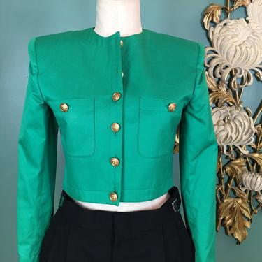1980s jacket, cropped blazer, vintage 80s jacket, Kelly green jacket, Forenza jacket, military style, band jacket, menswear style, medium 