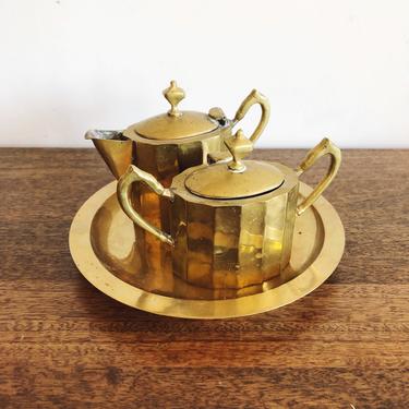 Vintage Brass Tea Set with Sugar Jar, Creamer, and Tray 