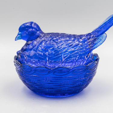 Cobalt Dove on a Round Nest, Heisey Glass | Collectible Vintage Easter Basket Trinket Dish 