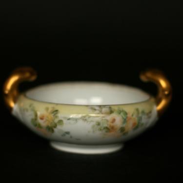 vintage hand painted porcelain trinket dish/bon bon dish/ gold handles 