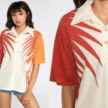 Tropical Shirt Hawaiian Polo Shirt 70s Button Up Shirt LEAF PRINT Surfer Shirt 1970s Boho Top Beach Cream Orange Large L 