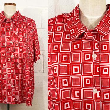 Vintage Red Geometric Shirt Blair White Geo Print Short Sleeve Blouse Top Mod 00s 90s 1990s Y2K 2000s Plus Curvy Volup 3XL XXL 