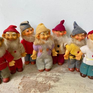 Vintage Plastic Elves With Felt Clothing, Made In Japan, The 7 Dwarf Dolls, Gnomes, Ornaments, Christmas Display 