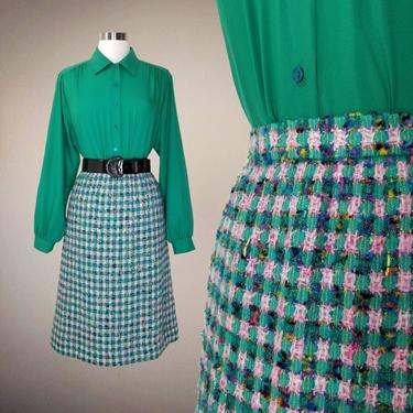 Vintage 60s Mod Tweed Skirt, Medium / 1960s Plaid Boucle Midi Skirt / Wool Blend Straight Skirt / Colorful Mid Century Pencil Skirt 