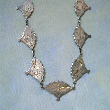 Silver Japanese Fan Necklace and Bracelet Set, Japan Silver Fan Bracelet and Necklace (#3920) 