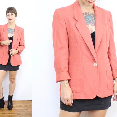 Vintage 90's Salmon Linen Blazer / 1990's Business Blazer with Pockets / Light Jacket / Women's Size Small Medium 