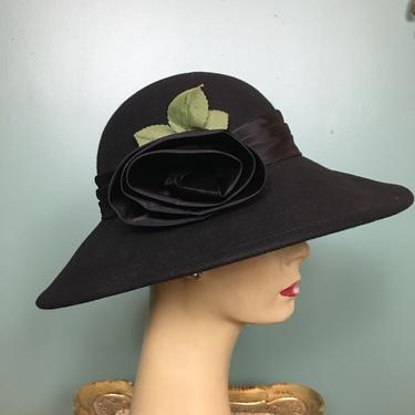 1980s hat, wide brim, bet mar hat, black wool hat, vintage hat, 22 inch, hat with flower, vintage millinery 
