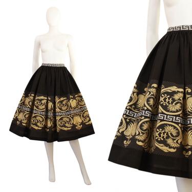 Exclusive 1950s Custom Made Greek Border Print Skirt - 1950s Greek Skirt - 1950s Black Linen Skirt - 1950s Full Skirt | Size Medium 