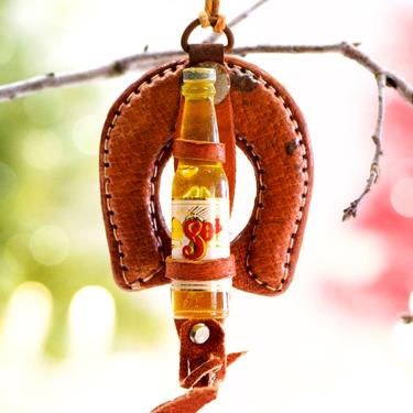 VINTAGE: Mexican Leather Horse Shoe with Resin Sol Beer Ornament - Vacation, Drinking, Tijuana, Beer - Gift Tag - SKU 