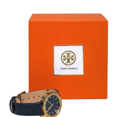 Tory Burch - Navy & Gold Embossed Logo Face Watch w/ Leather Straps