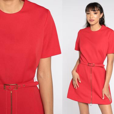 60s Mod Dress Red Mini Dress Belted Space Age Stewardess Ring Pull Zipper High Waisted Vintage 70s Short Sleeve 1970s Twiggy Gogo Medium 