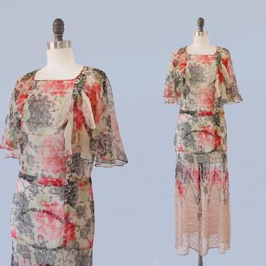 1930s Dress / 30s Sheer Silk Chiffon Floral Dress / Zig Zag Lace Hem 