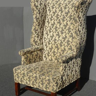 Vintage French Modern Velvet Green Floral Design Throne Wingback Accent Chair 
