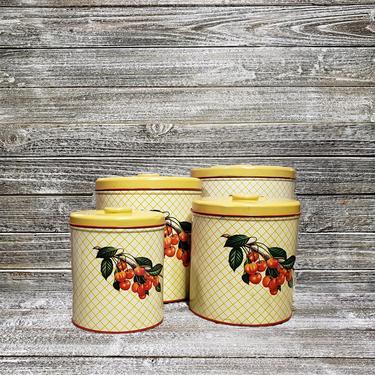 Vintage Cherries Kitchen Canisters, Decoware 50's 60's Cherry Sugar Flour Coffee Tea Canister Set, Storage Canisters + Lids, Vintage Kitchen 