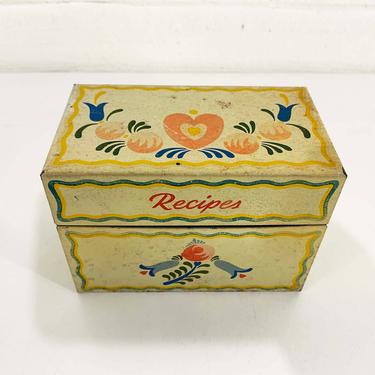 Vintage Metal Recipe Box White Pink Blue Green 1970s 70s Tin Made in USA Mid Century Recipes Cottage Cottagecore 