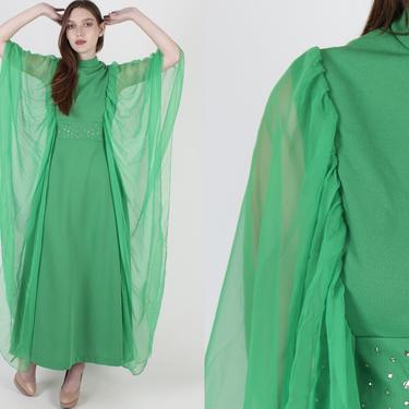Vintage Chiffon Maxi Dress / Long Kimono Bell Sleeves / Avant Garde Ethereal Disco Dress / 70s Emerald Green Performance Dress 