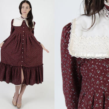 Burgundy Calico Gunne Sax Dress / 70s Country Folk Style / Ivory Pilgrim Collar Prairie Dress / Vintage 70s Lace Trim Peasant Midi Size 7 