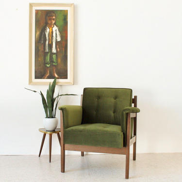 Mid Century Olive Green Velvet Armchair