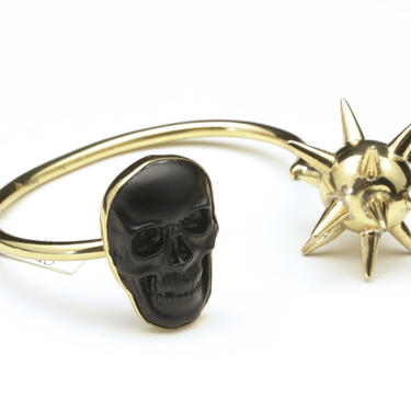 Charles Albert Alchemia Gold Obsidian Skull Spike Bypass Cuff Bracelet Signed 
