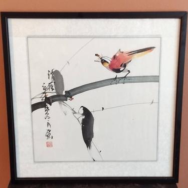 Framed Signed Asian Ink Brush Painting Perched Red Bird Asian Art 18x18 