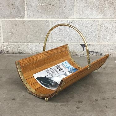 Vintage Magazine Rack Retro 1980s Brown Wood Slats and Gold Metal + Bin with Handle + Firewood or Log Holder + Home Decor and Storage 