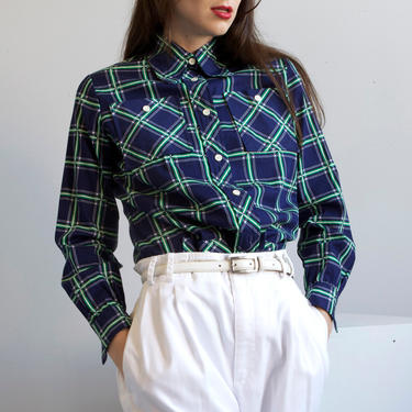 70s blue /green windowpane plaid cotton shirt jacket / size S M 
