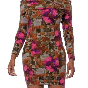 1990S Pink  Green Floral Viscose Blend Italian Knit Long Sleeve Body-Con Dress 