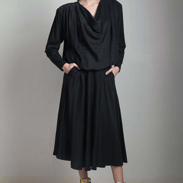 draped dress, drape shoulder 2-piece set midi skirt long sleeves soutache beaded vintage 80s S M L small medium large 