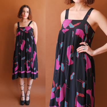 Vintage 80s Silk Square Neck Dress/ 1980s Black Floral Dianne B Pinafore Dress/ Size Small 