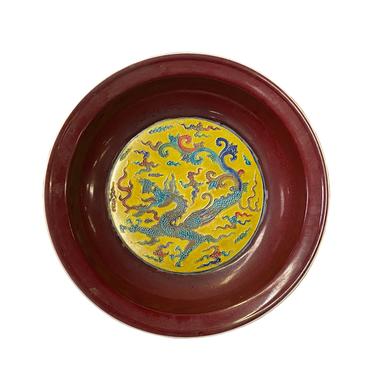 Chinese OxBlood Red Yellow Dragon Fengshui Porcelain Plate ws1929E 