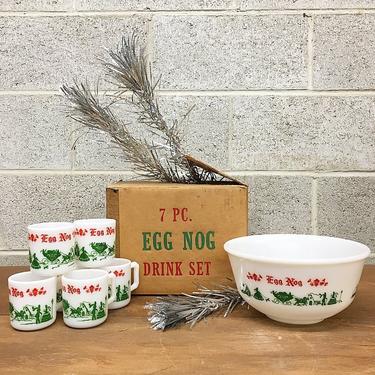 Vintage Rare Anchor Hocking Egg Nog Set Retro 1960's Punch Bowl and Mugs Mid Century Modern 7 Piece Set with Original Box Christmas Kitchen 