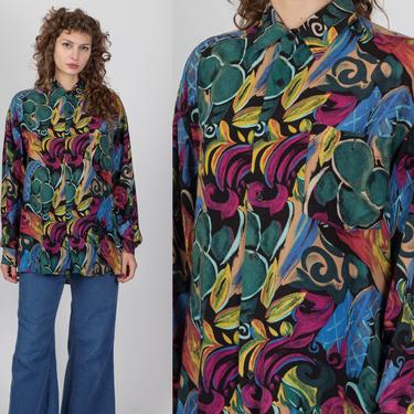 90s Abstract Floral Button Up Blouse - Large | Vintage Oversized Long Sleeve Grunge Top 