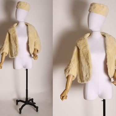 1960s Cream Yellow White Kangaroo Cropped Shawl Wrap Jacket with Matching Pillbox Hat by Cornelius -S 