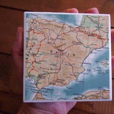 1963 Spain Vintage Map Coaster - Ceramic Tile - Repurposed 1960s Reader's Digest Atlas - Handmade - Iberian Peninsula - Madrid - Barcelona 