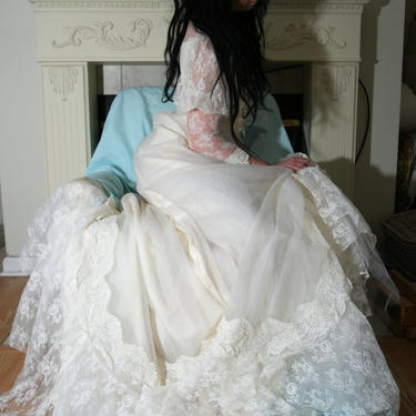 Victorian Cream Lace, Tulle, Satin Wedding Dress with Train // Pearl Beaded Chest // Long Romantic Sleeves & High Lace Neck // 