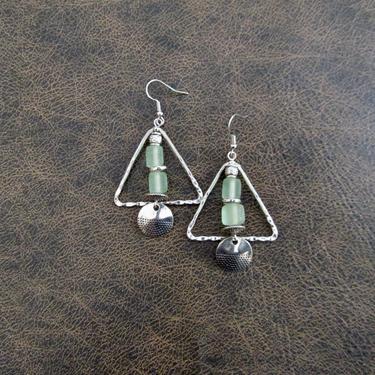 Pale green sea glass earrings, minimalist earrings, tribal ethnic earrings, bold earrings, triangle earrings, modern statement earring 