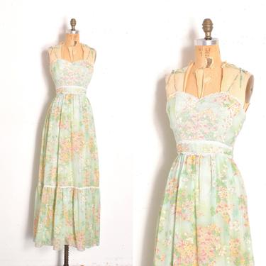 Vintage 1970s Dress / 70s Candi Jones Floral Prairie Dress / Green ( XS S ) 
