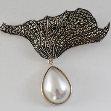 80's Judith Jack Art Deco sterling marcasite faux pearl brooch, 925 silver pyrite abstract handkerchief &amp; dangle statement pin 