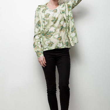 twin set 2-piece printed top green leaf print tank shirt overlay polyester knit vintage 70s M L MEDIUM LARGE 