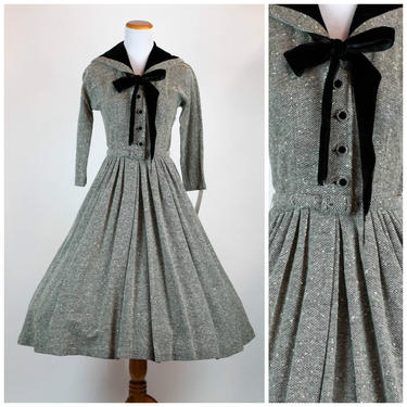 Vintage 1950s Princess Dress Rockabilly Deadstock White and Black Wool Weave Velvet Sailor Collar Bow Tie Jerry Gilden Size XS S 24&amp;quot;Waist 