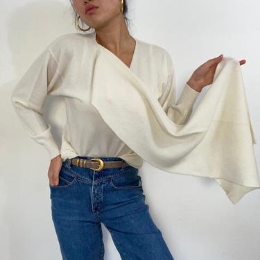 90s cashmere scarf sweater / vintage creamy white 2 ply cashmere attached scarf ascot pussy bow sweater | S 
