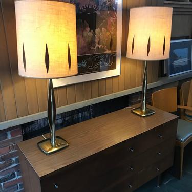 Vintage Pair of Laurel Lamps, Brass &amp; Walnut with original wood inlay shades. 