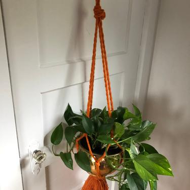 1970s Orange Macramè Hanging Plant Holder for Potted House Plants 