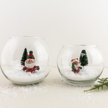 Christmas DIY Terrarium Kit for Kids and Adults with Vintage Wood Ornament Figurine, Clear Glass Bubble Bowls with Small Wood Santa and Elf 