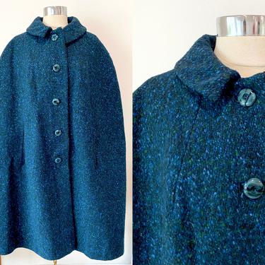 1950's Vintage Blue Wool Cape / Tweed Long Cape w Slit Arm Openings / One Size Fits Most Cape 